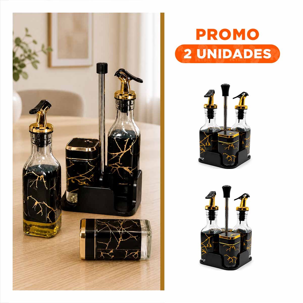 PACK2 KIT DISPENSADORES DE SAZONADORES CON BASE DIS MARMOL NEGRO - 1