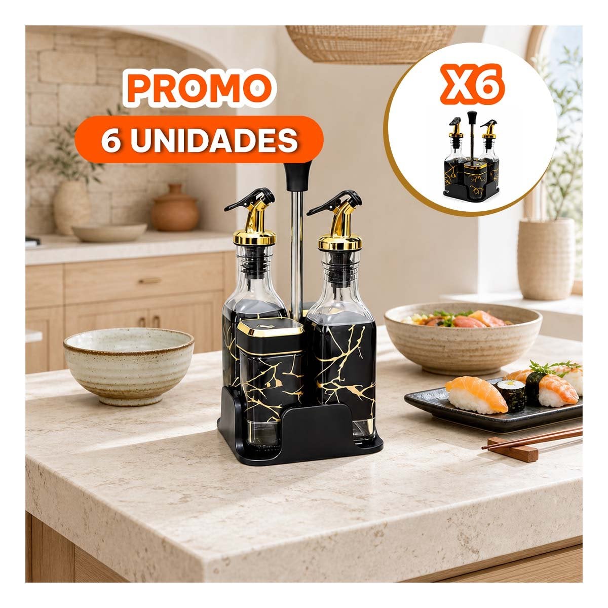 PACK6 JUEGO FRASCOS PARA ESPECIAS CON BASE DIS MARMOL NEGRO - 1