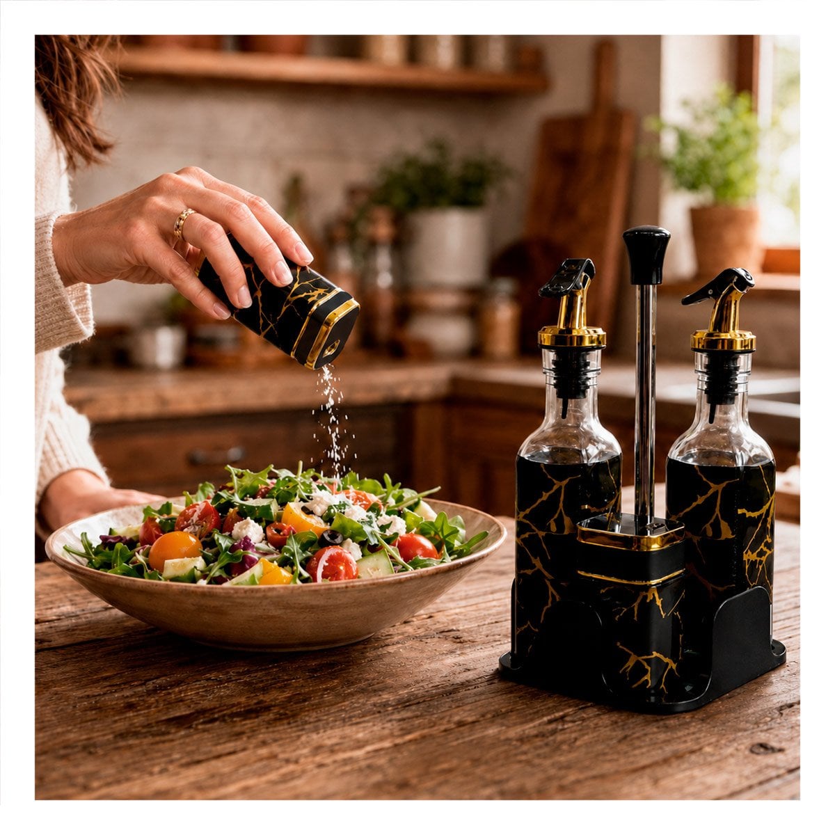 KIT CONDIMENTEROS PARA COCINA CON BASE DIS MARMOL NEGRO Y FRASCOS Y PAPEL REGALO - 1