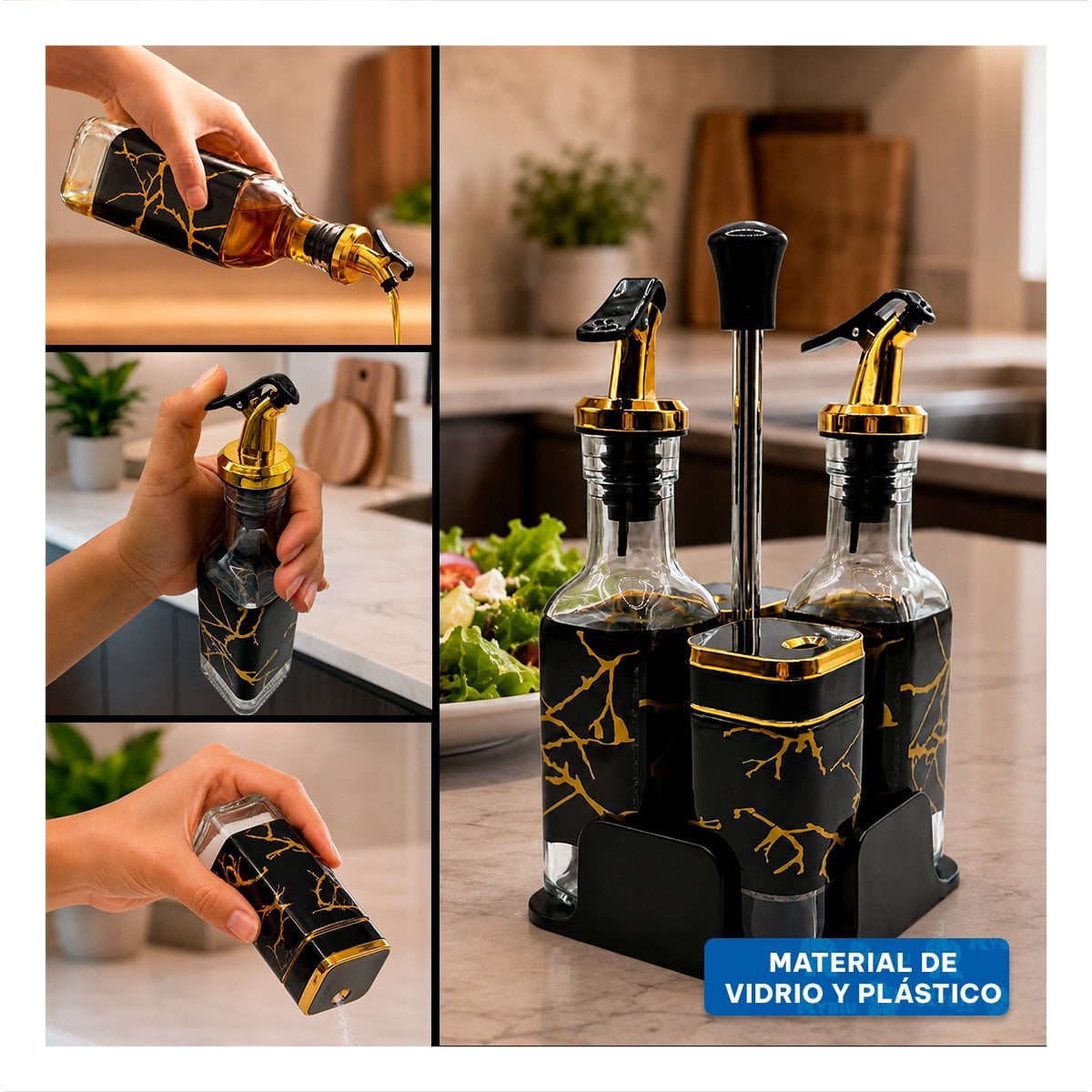 KIT CONDIMENTEROS PARA COCINA CON BASE DIS MARMOL NEGRO Y FRASCOS Y PAPEL REGALO - 2
