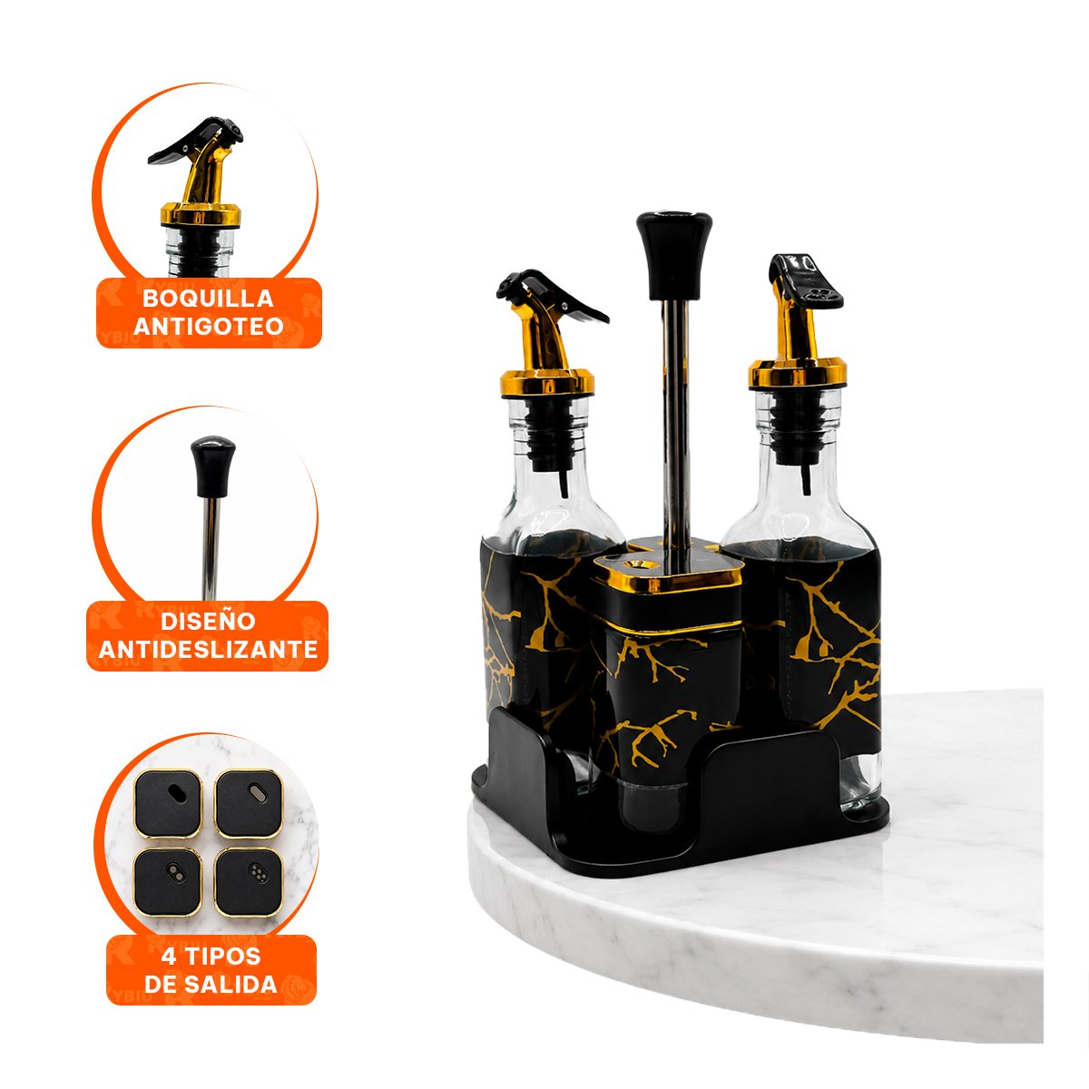 KIT CONDIMENTEROS PARA COCINA CON BASE DIS MARMOL NEGRO Y FRASCOS Y PAPEL REGALO - 4