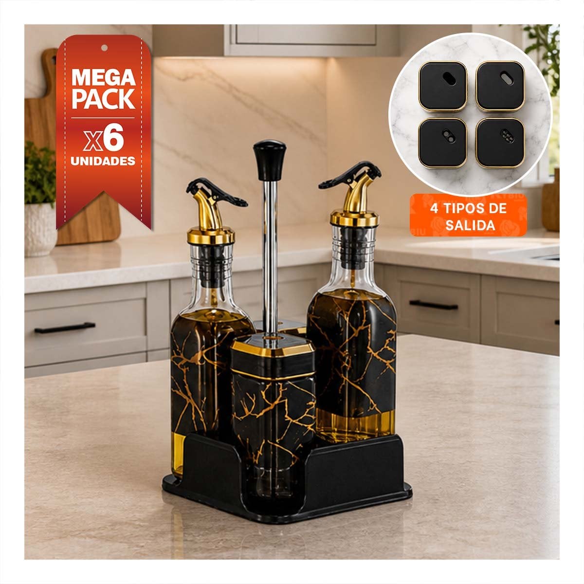 PACK6 KIT ESTACION PARA CONDIMENTOS CON BASE DIS MARMOL NEGRO YREGALO STICKER - 1