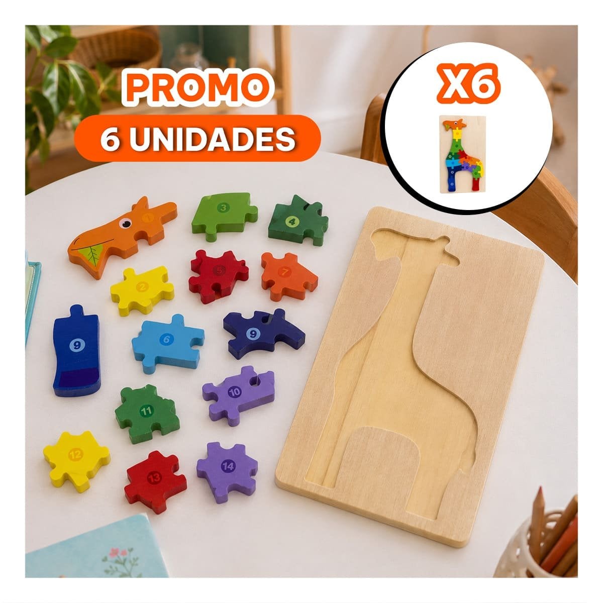 PACK6 ROMPECABEZAS ANIMAL JIRAFA PARA APRENDIZAJE INFANTIL MULTICOLOR 18X30CM YREGALO STICKER - 1