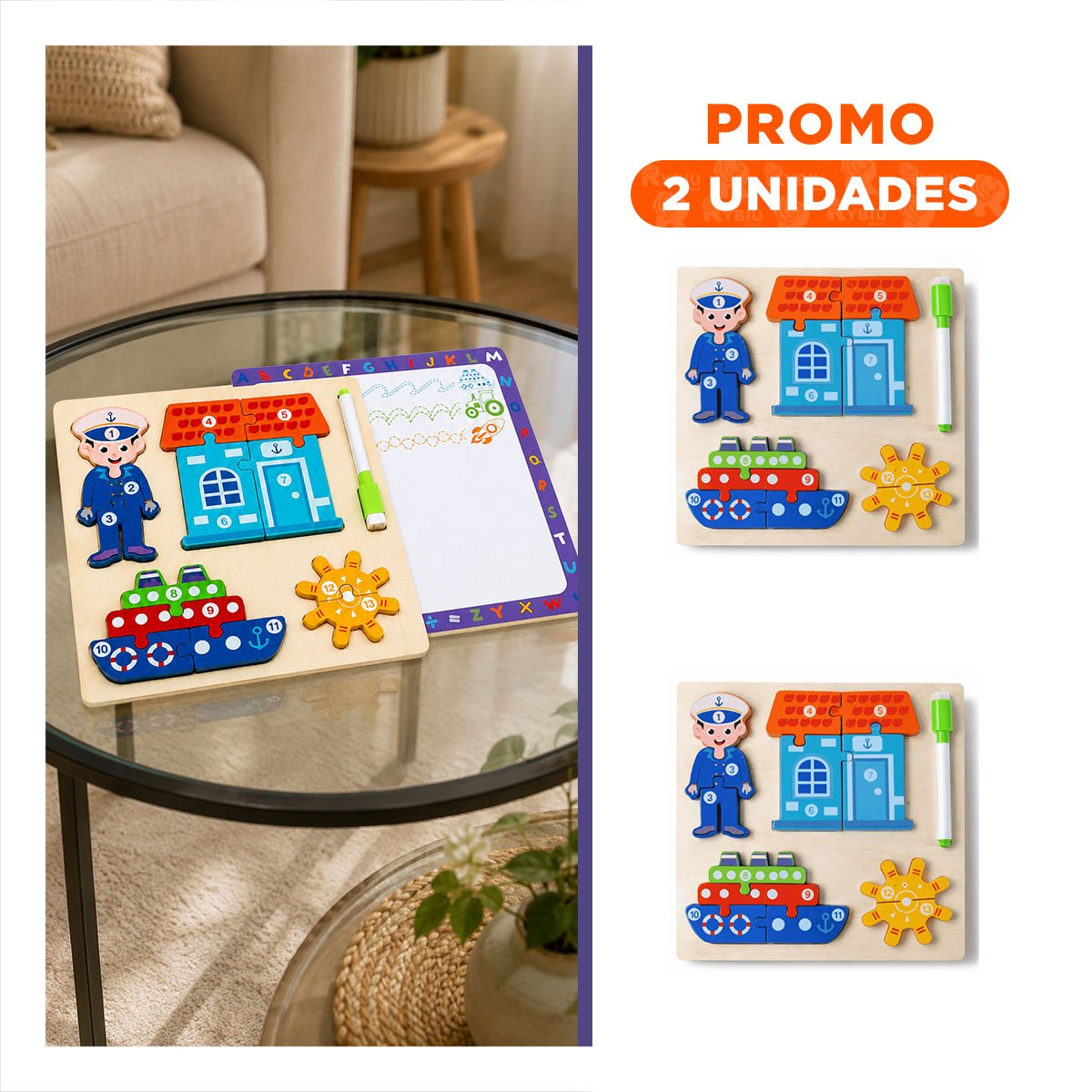 PACK2 ROMPECABEZAS INFANTIL DE APRENDIZAJE CON MARINERO Y ELEMENTOS 22,5CM YREGALO STICKER - 1