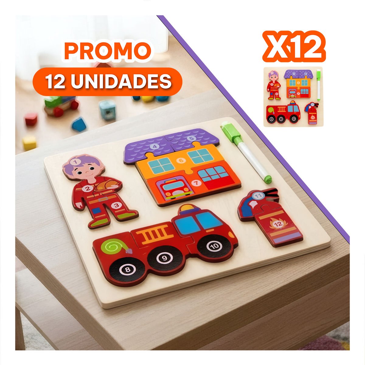 PACK12 TABLERO DE APRENDIZAJE BOMBERO Y ELEMENTOS CON NUMEROS MULTICOLOR 22,5CM YREGALO STICKER - 1