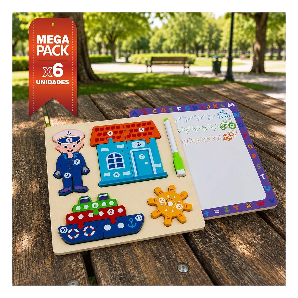 PACK6 JUEGO DE COORDINACION INFANTIL CON MARINERO Y ELEMENTOS NUMERICA 22,5CM YPAPEL REGALO - 1