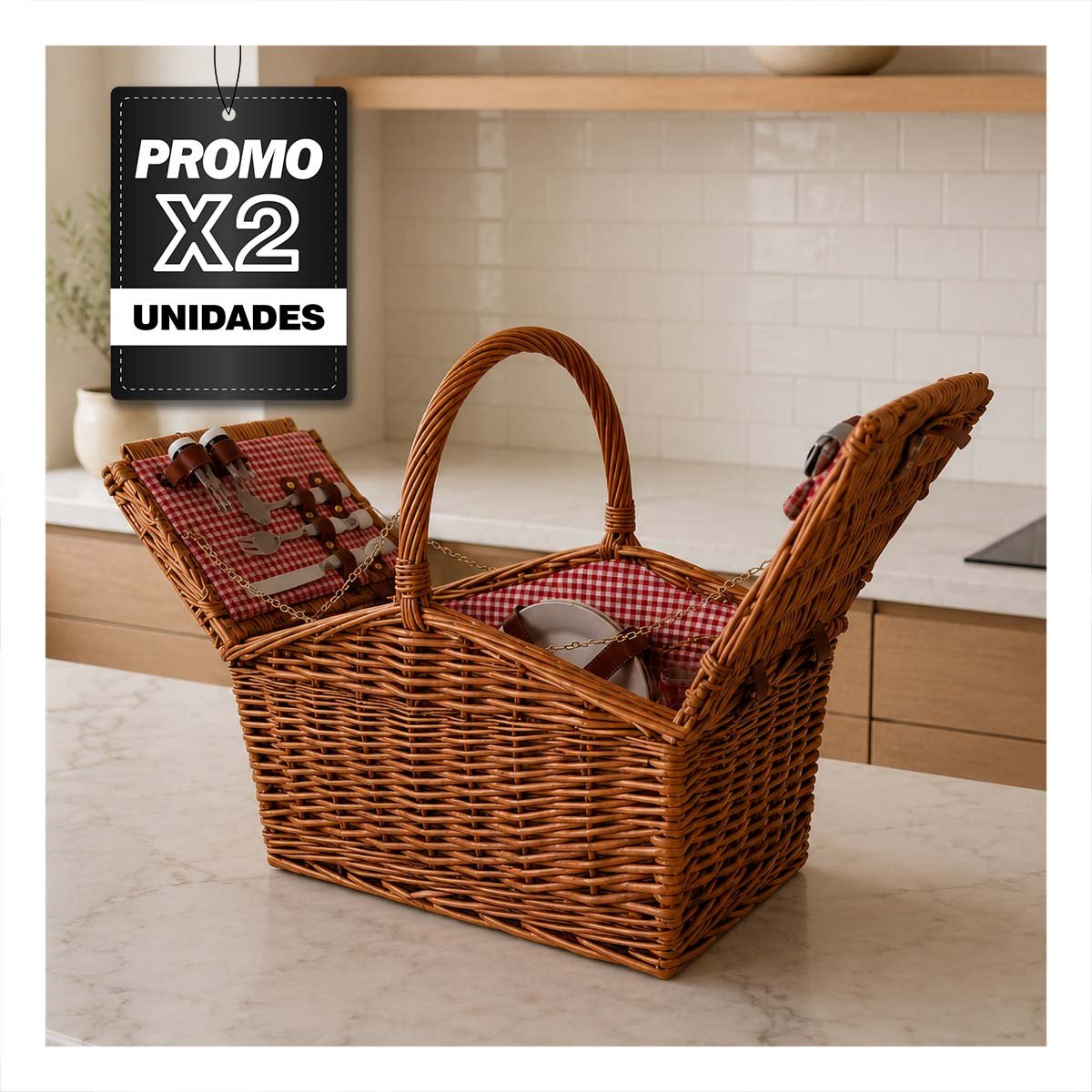 PACK2 CANASTILLA TEJIDA CON FORRO PICNIC MOSTAZA Y ROJO 42X27X39CM Y 1 ASA - 1
