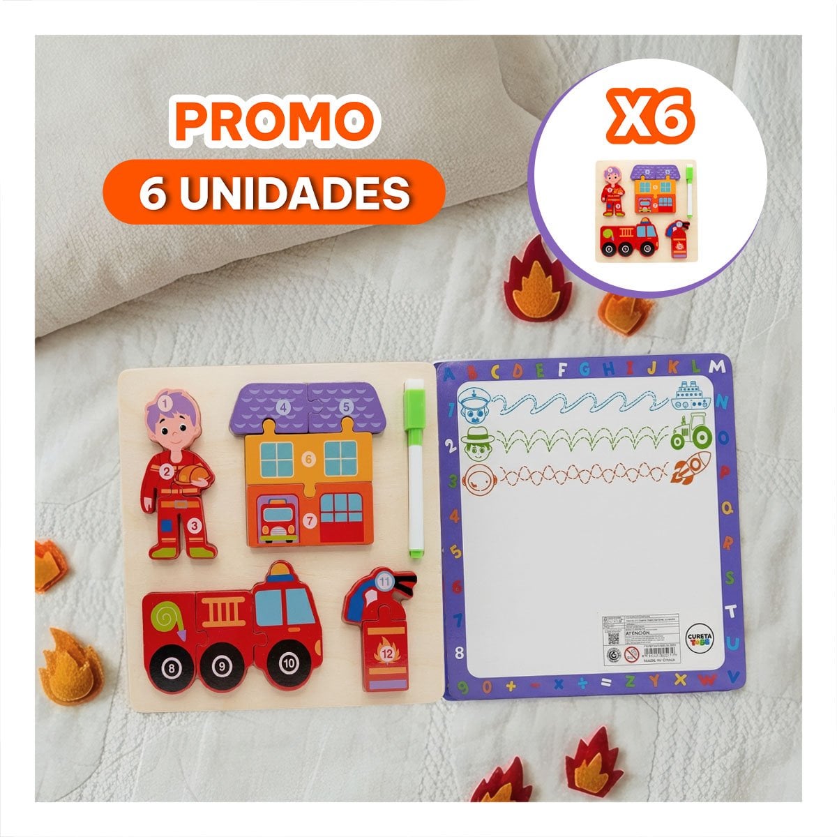 PACK6 ROMPECABEZAS ANIMAL BOMBERO Y ELEMENTOS INFANTIL MULTICOLOR 22,5CM YREGALO STICKER - 1