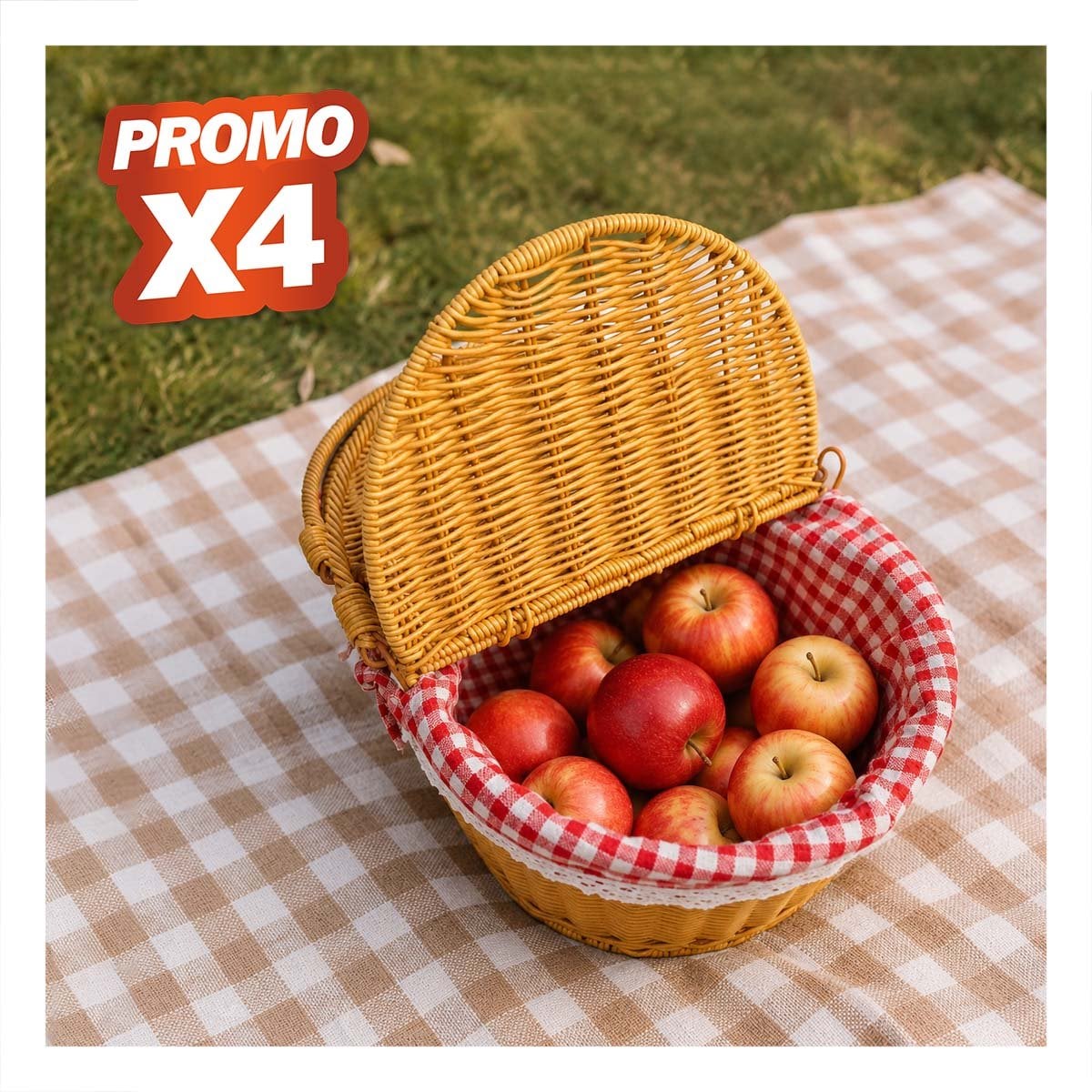 PACK4 CANASTA OVALADA TEJIDA 40X27X36CM PARA PICNIC CON 2 ASAS Y 2 TAPAS YPAPEL REGALO - 1