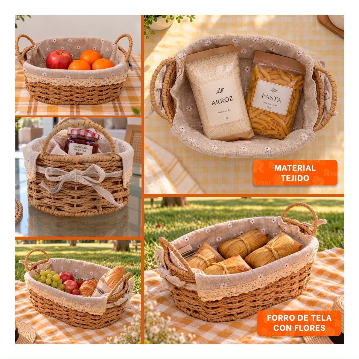 PACK2 CANASTILLA TEJIDA CON FORRO PICNIC BEIGE Y PLOMO 26X18X13CM Y 2 ASAS - 4