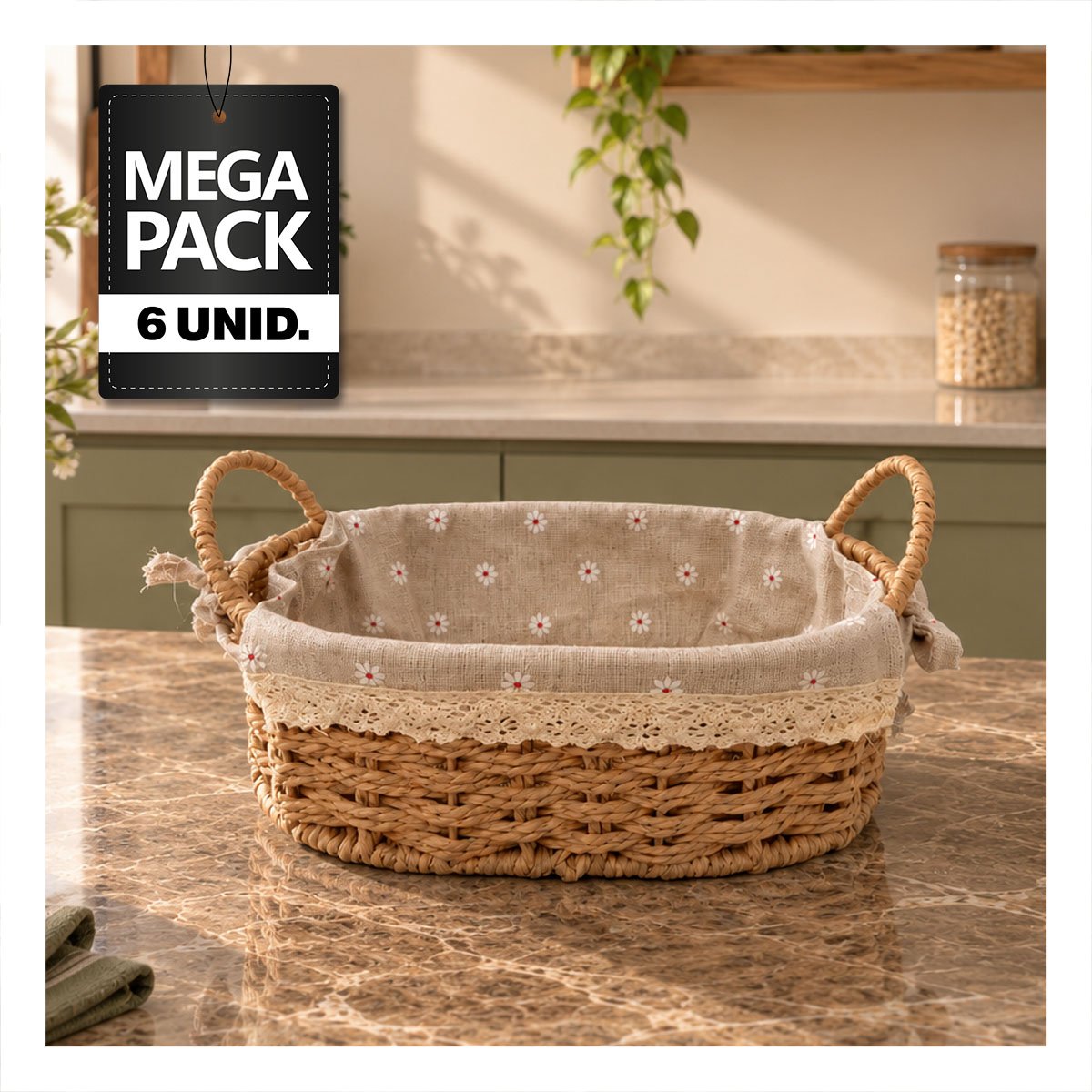 PACK6 CANASTA TEJIDA PARA PICNIC 26X18X13CM CON FORRO Y BEIGE Y PLOMO - 1