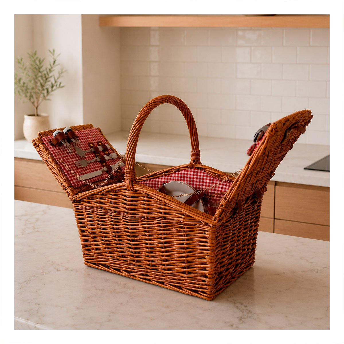 FORRO PICNIC CON CESTA CON UTENSILIOS 42X27X39CM TEJIDA MOSTAZA Y ROJO Y PAPEL REGALO - 1