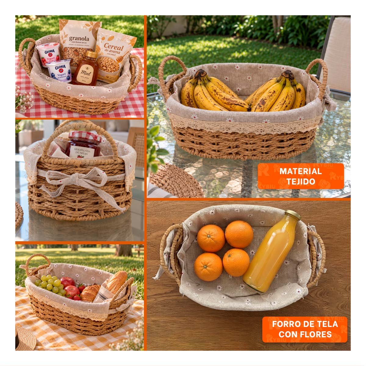 CANASTA TEJIDA BEIGE Y PLOMO 30X21X14CM CON FORRO PICNIC Y 2 ASAS - 3