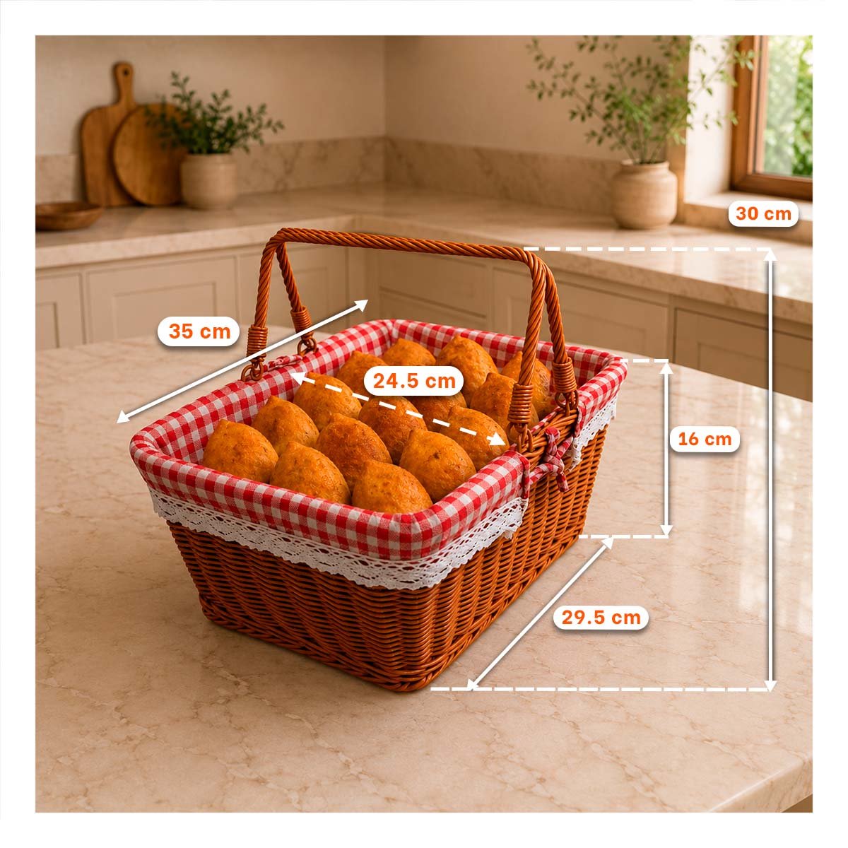CANASTA TEJIDA MOSTAZA Y ROJO 24,5X35X30CM CON FORRO PICNIC Y 2 ASAS - 2