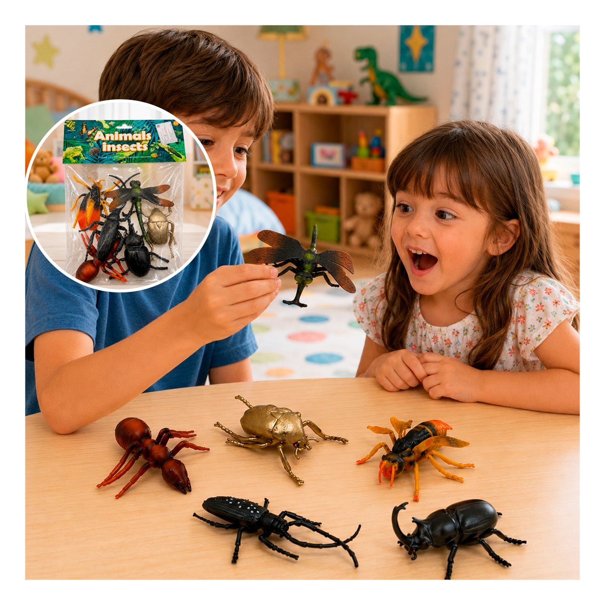 ESTUCHE INFANTIL DE ANIMALES INSECTOS 6 PZ MULTICOLOR PARA JUEGOS CREATIVOS Y REGALO STICKER - 3