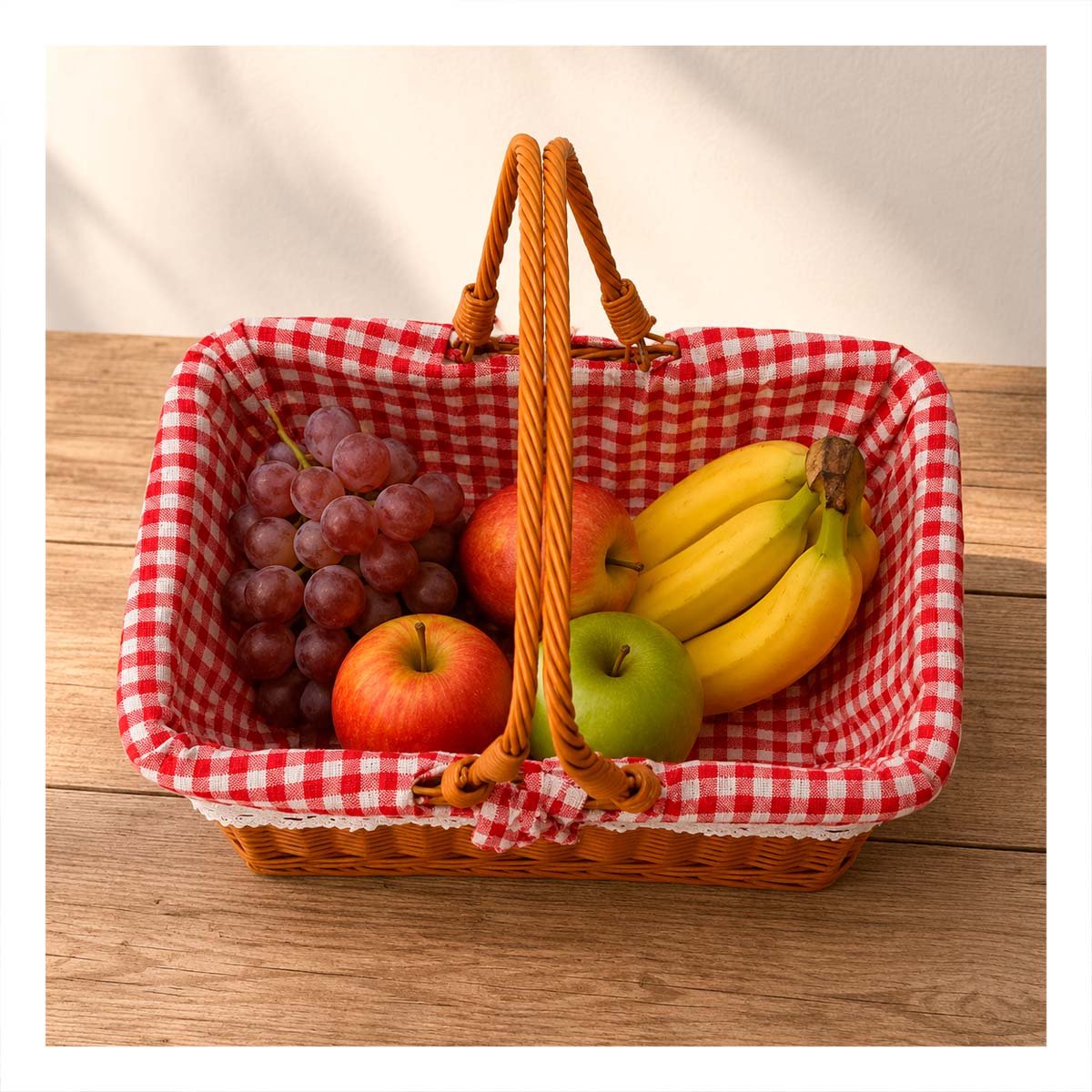 PACK2 CANASTILLA TEJIDA CON FORRO PICNIC MOSTAZA Y ROJO 24,5X35X30CM Y 2 ASAS - 3