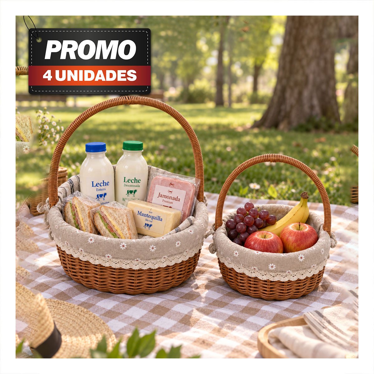 PACK4 SET 2 CANASTILLA BEIGE Y PLOMO CON FORRO INTERIOR PICNIC - 1