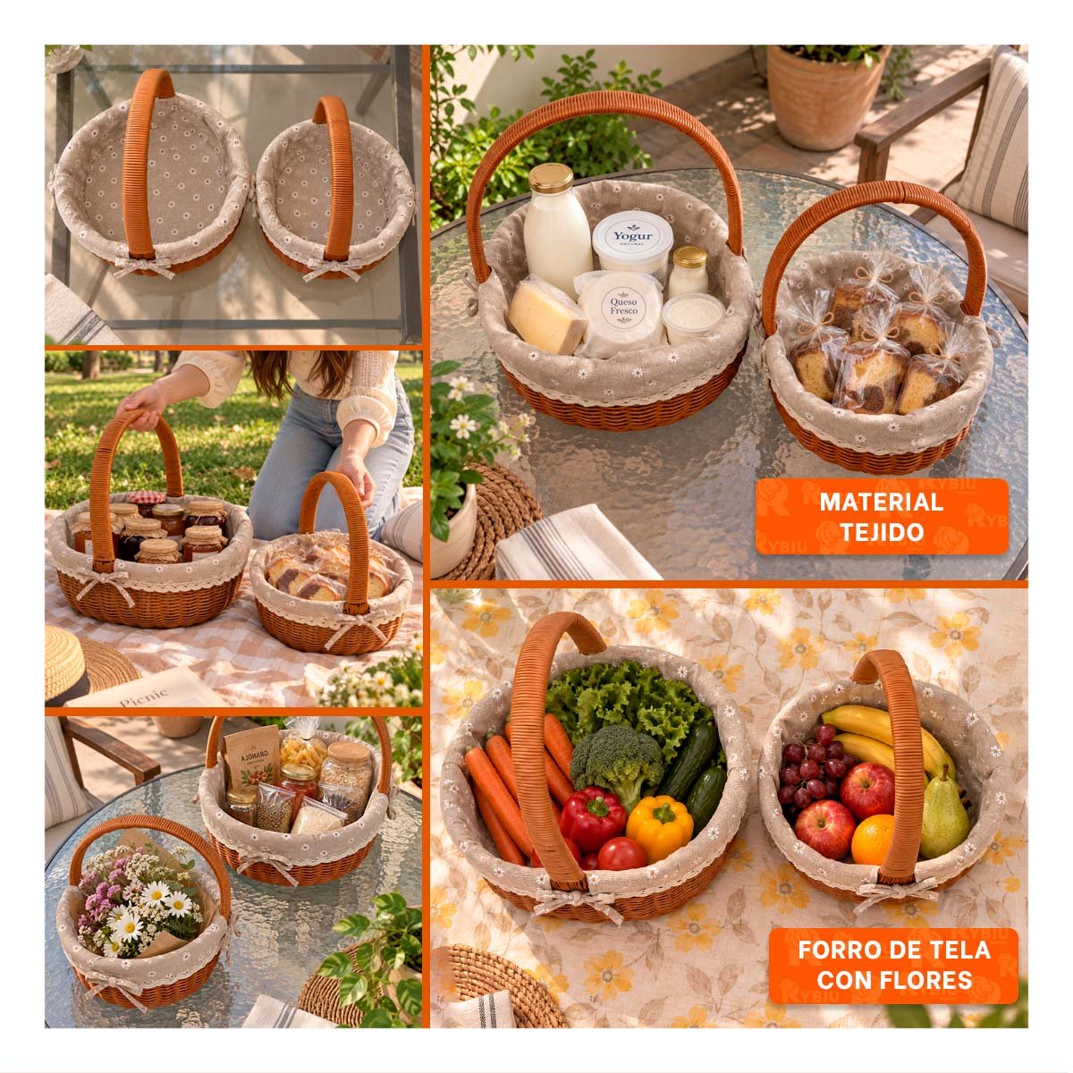 PACK4 SET 2 CANASTILLA BEIGE Y PLOMO CON FORRO INTERIOR PICNIC - 4