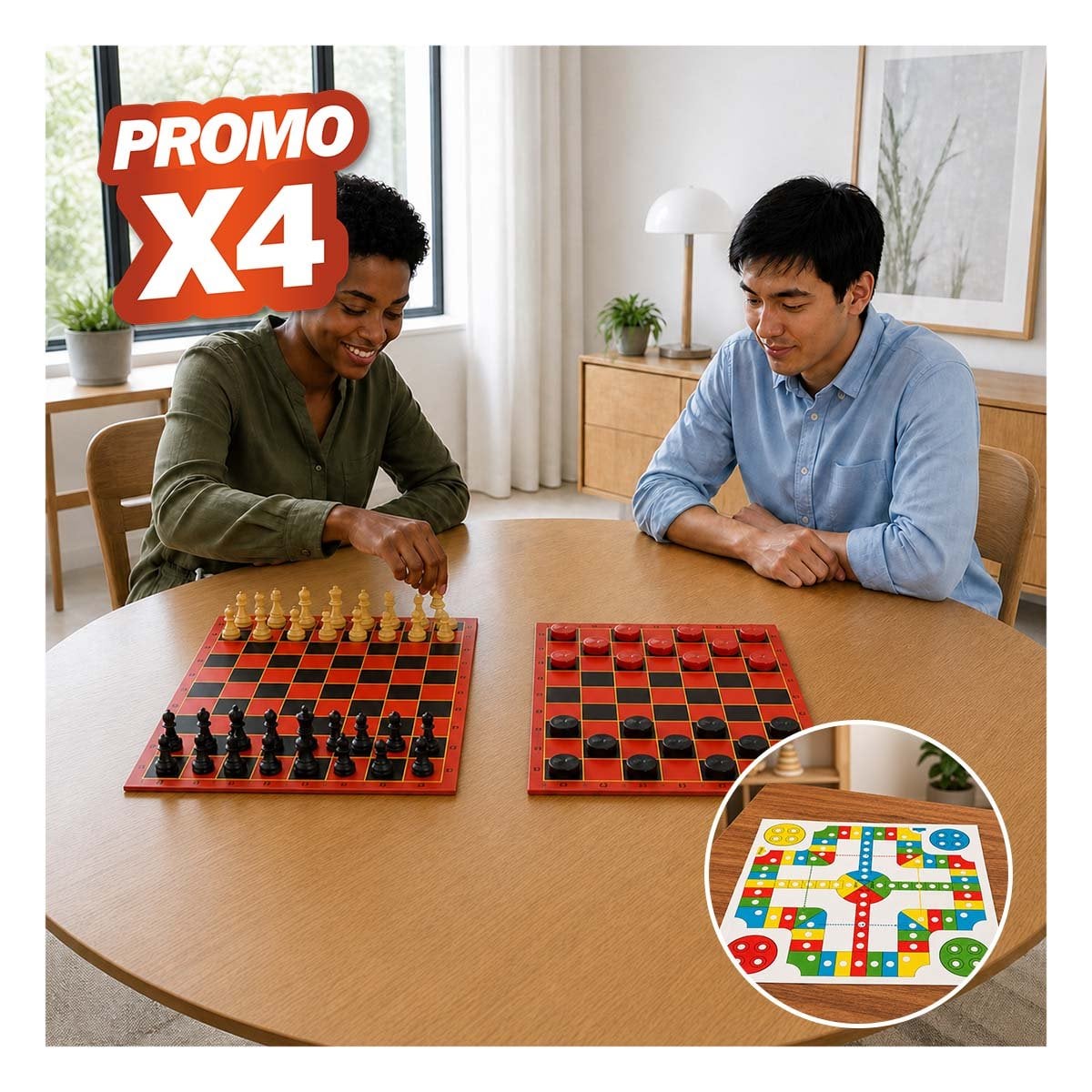 PACK4 TABLERO RECREATIVO AJEDREZ LUDO DAMA PARA NIÑOS Y ADULTOS YPAPEL REGALO - 1