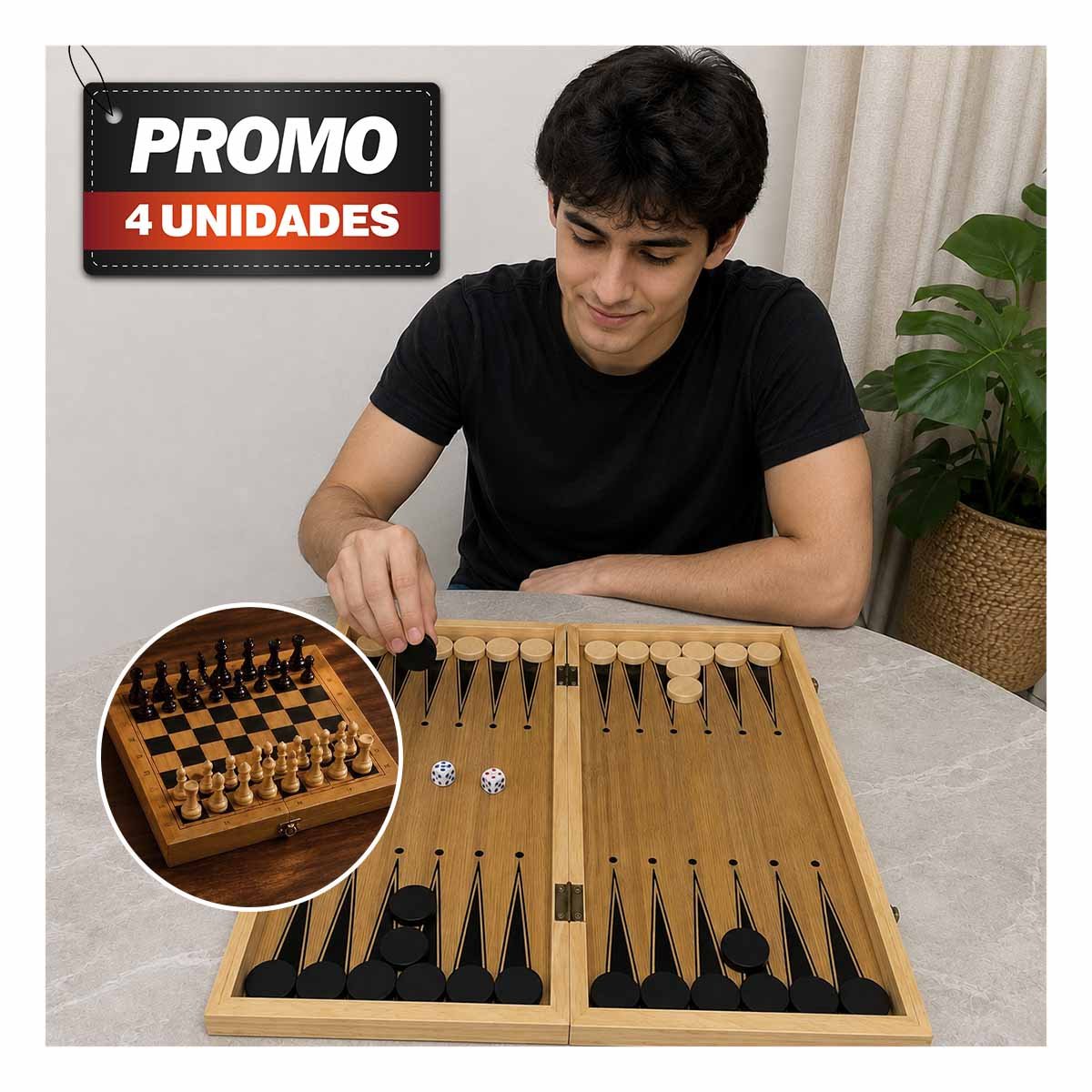 PACK4 JUEGO DIDACTICO DE MESA PARA FAMILIA CON AJEDREZ Y DAMA COLOR MARRON - 1