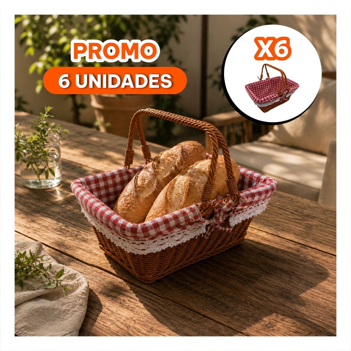 PACK6 CANASTILLA TEJIDA 40X27X36CM PARA PICNIC CON FORRO YREGALO STICKER - 1