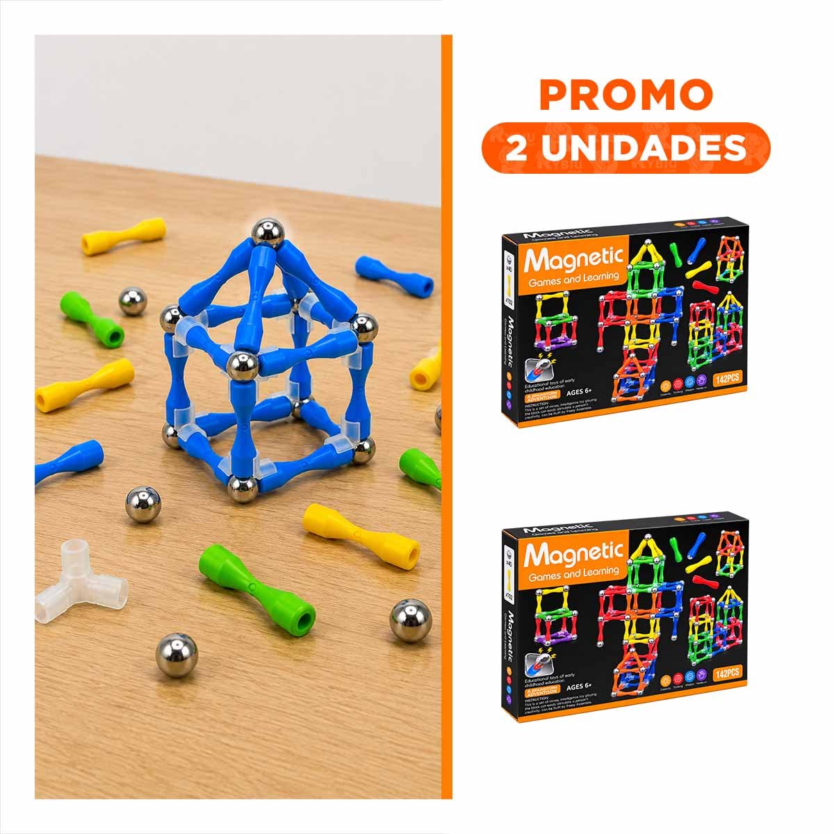PACK2 KIT INFANTIL DE BLOQUES MAGNETICOS 142 PZ PARA JUEGOS EDUCATIVOS YREGALO STICKER - 1