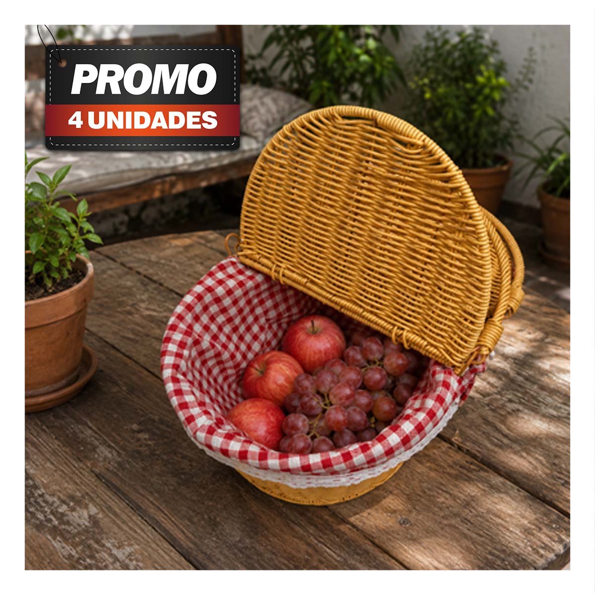 PACK4 CANASTILLA MOSTAZA Y ROJO 40X27X36CM CON 2 TAPAS Y FORRO PICNIC - 1