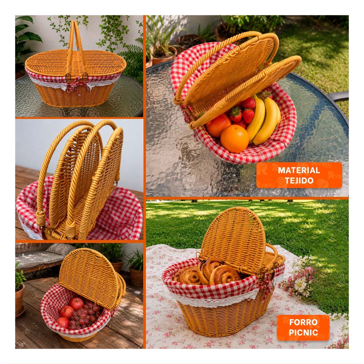 PACK4 CANASTILLA MOSTAZA Y ROJO 40X27X36CM CON 2 TAPAS Y FORRO PICNIC - 4