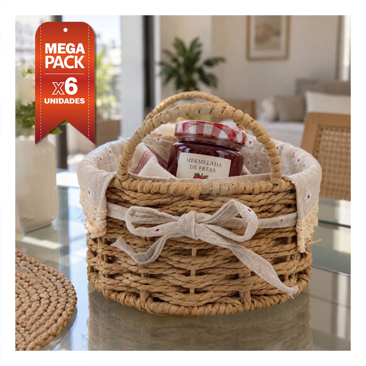 PACK6 CESTA OVALADA BEIGE Y PLOMO 26X18X13CM CON 2 ASAS PARA PASEOS YPAPEL REGALO - 1