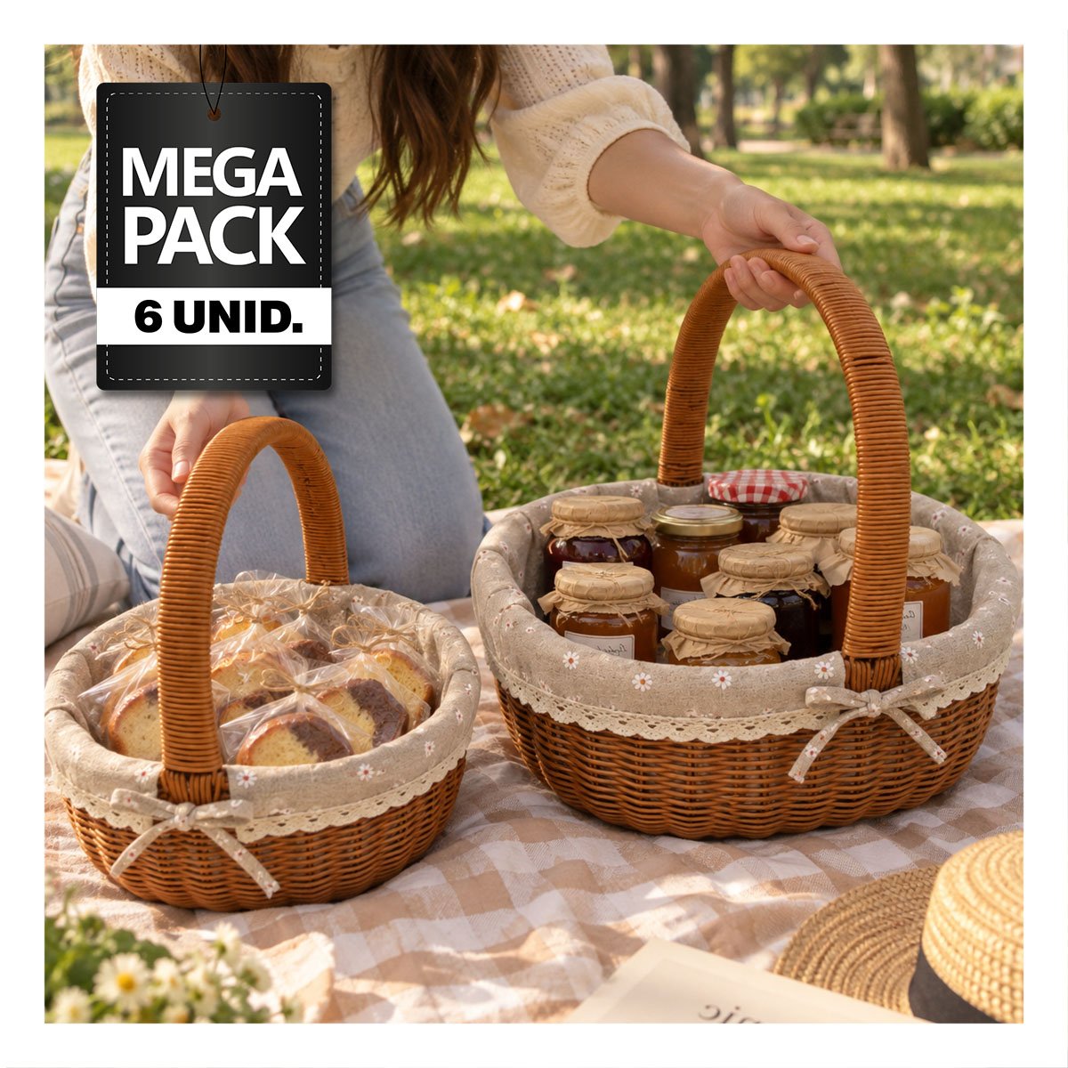 PACK6 COMBO 2 CANASTA TEJIDA PARA PICNIC CON FORRO Y BEIGE Y PLOMO - 1