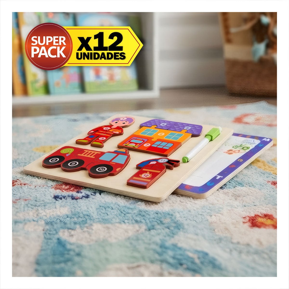 PACK12 JUEGO DE ENCAJE BOMBERO Y ELEMENTOS NUMEROS MULTICOLOR INFANTIL 22,5CM YPAPEL REGALO - 1