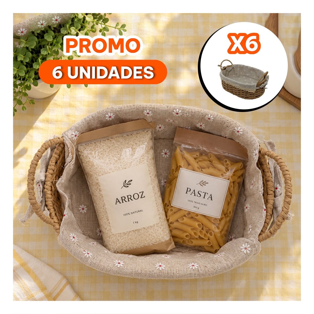 PACK6 CANASTILLA TEJIDA 26X18X13CM PARA PICNIC CON FORRO YREGALO STICKER - 1