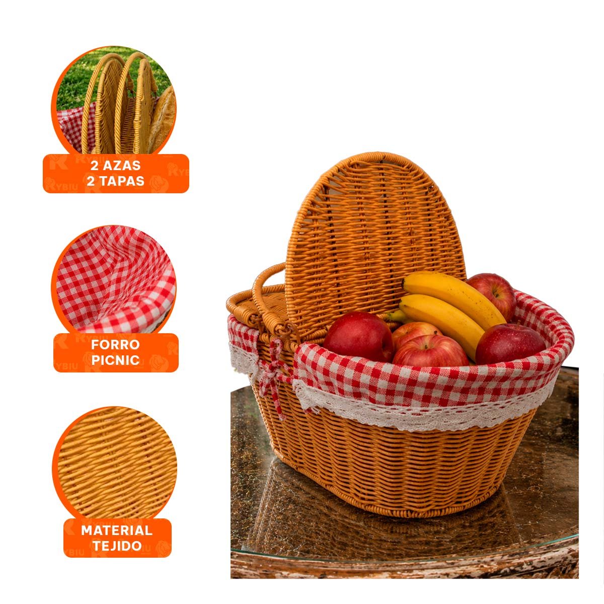 CANASTA TEJIDA MOSTAZA Y ROJO 40X27X36CM CON FORRO PICNIC Y 2 ASAS - 4