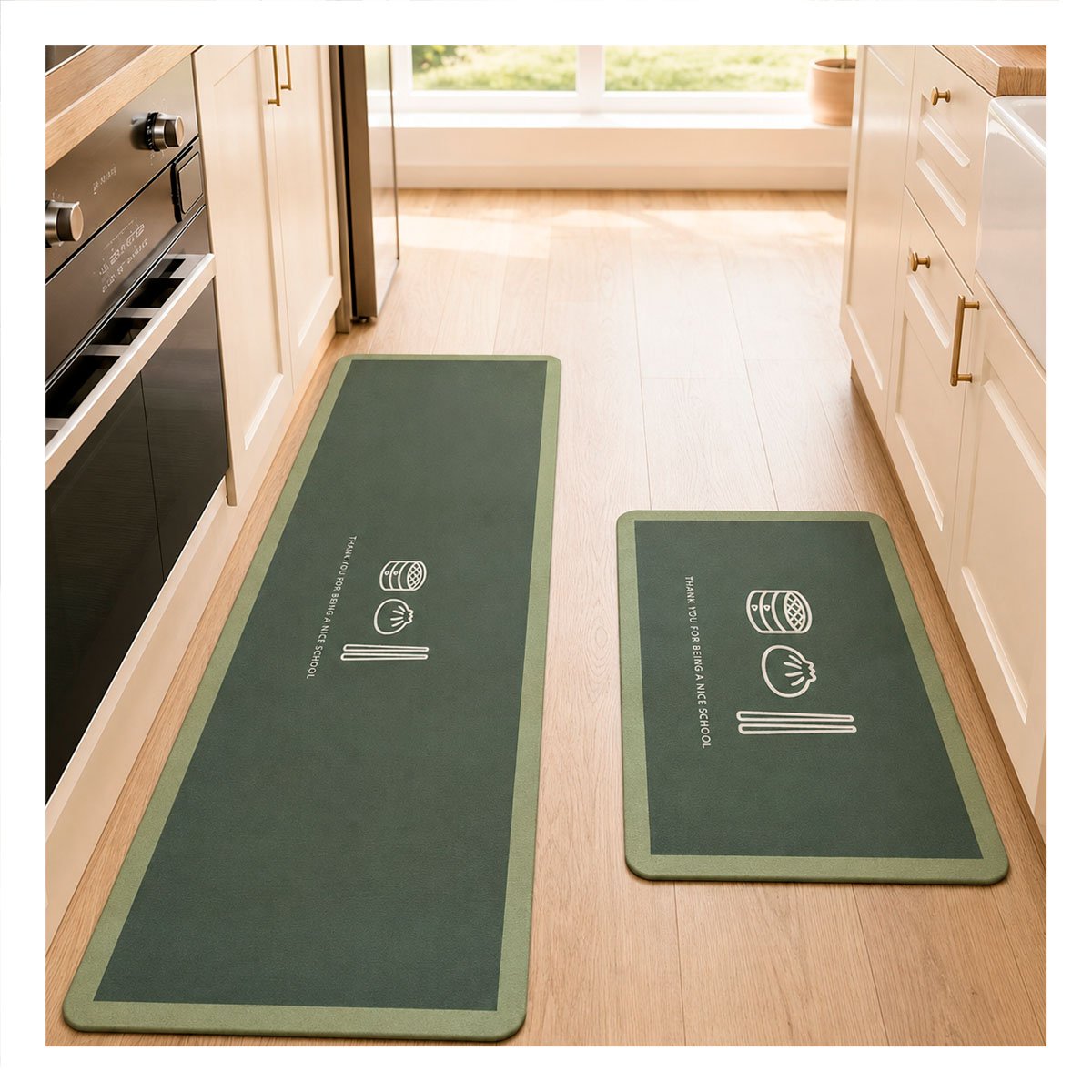 SET 2 TAPETES DE PISO RECTANGULARES THANK YOU VERDE CLARO 58X38 Y 140X38 CM - 1