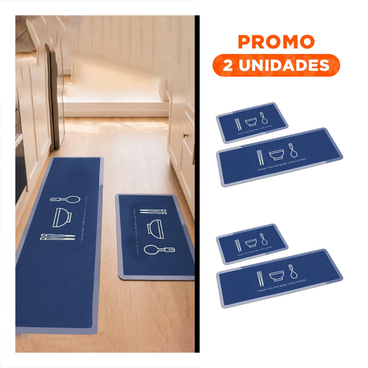 PACK2 JUEGO 2 FELPUDOS RECTANGULARES AZUL ACERO THANK YOU 58X38 Y 140X38 CM YREGALO STICKER - 1