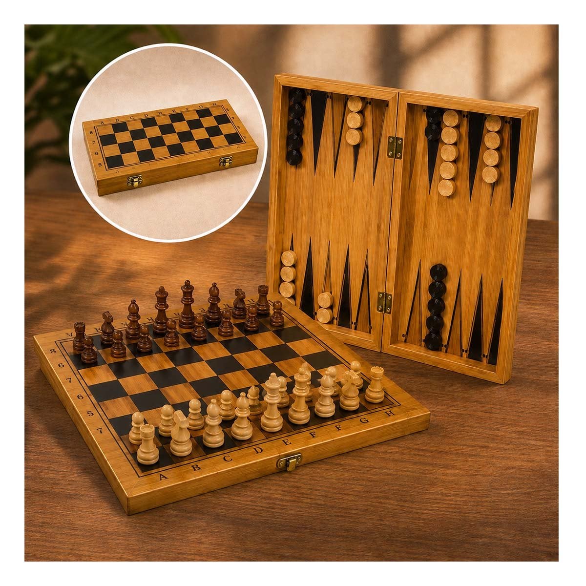 TABLERO 3 EN 1 CON AJEDREZ BACKGAMMON Y DAMA DE MESA FAMILIAR Y PAPEL REGALO - 1