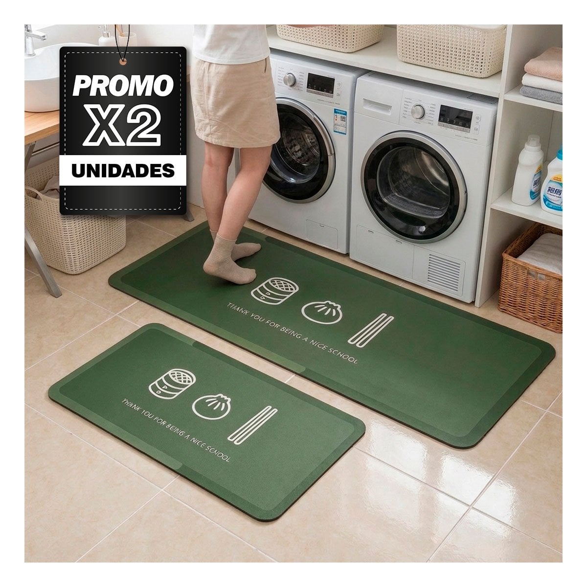 PACK2 KIT 2 TAPETES RECTANGULARES VERDE CLARO THANK YOU 58X38 Y 140X38 CM - 1