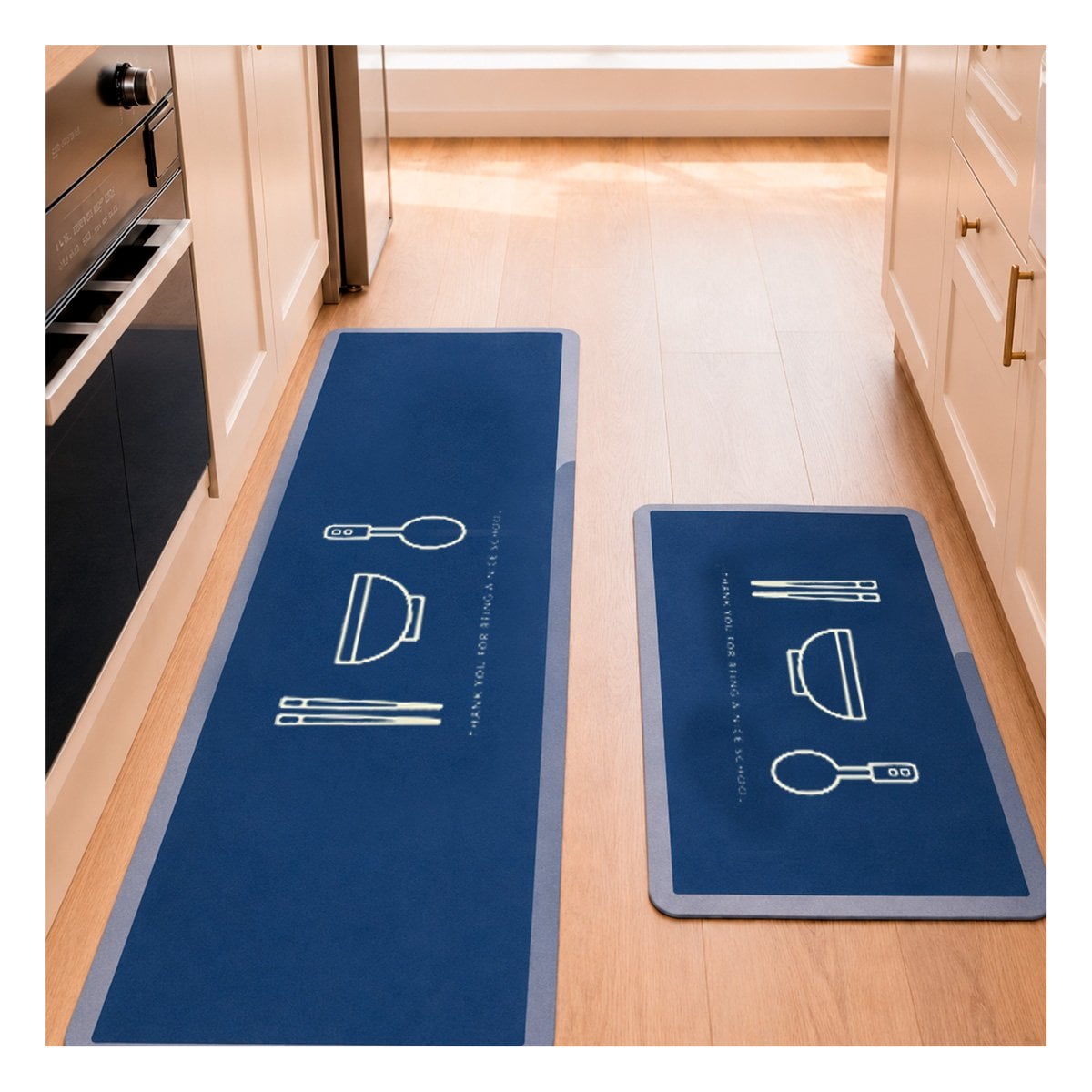 SET 2 TAPETES DE PISO RECTANGULARES THANK YOU AZUL ACERO 58X38 Y 140X38 CM - 1
