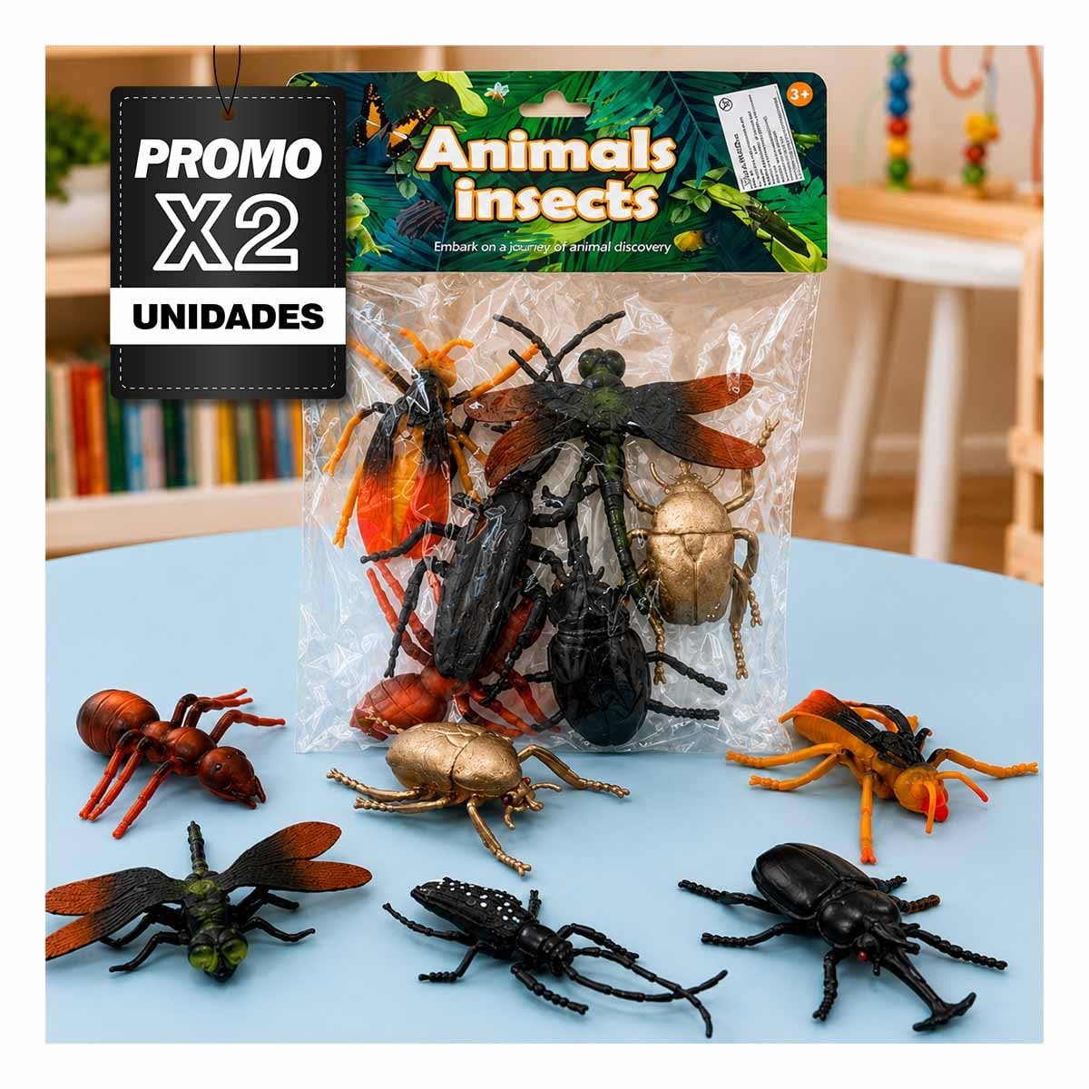 PACK2 BOLSA DE ANIMALES INSECTOS 6 PZ MULTICOLOR PARA JUEGO EDUCATIVO INFANTIL - 1