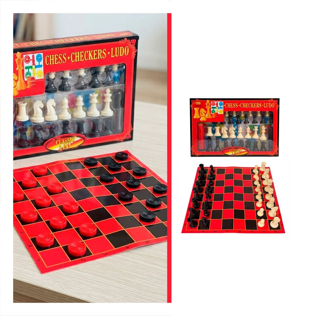 KIT DE ENTRETENIMIENTO CON AJEDREZ LUDO Y DAMA DE MESA Y LIGAS REGALO - 1