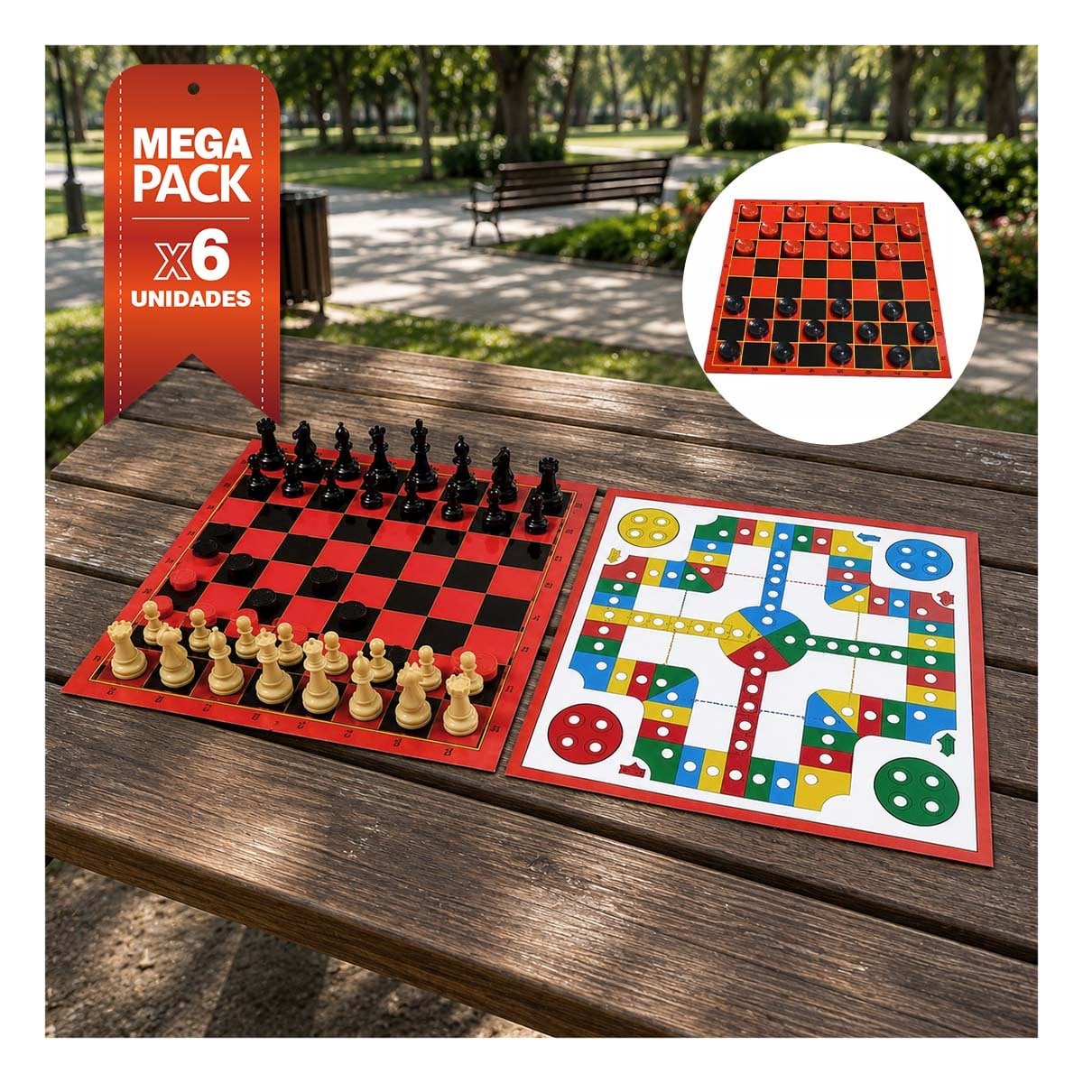 PACK6 TABLERO CLASICO DE MESA CON AJEDREZ LUDO Y DAMA YPAPEL REGALO - 1
