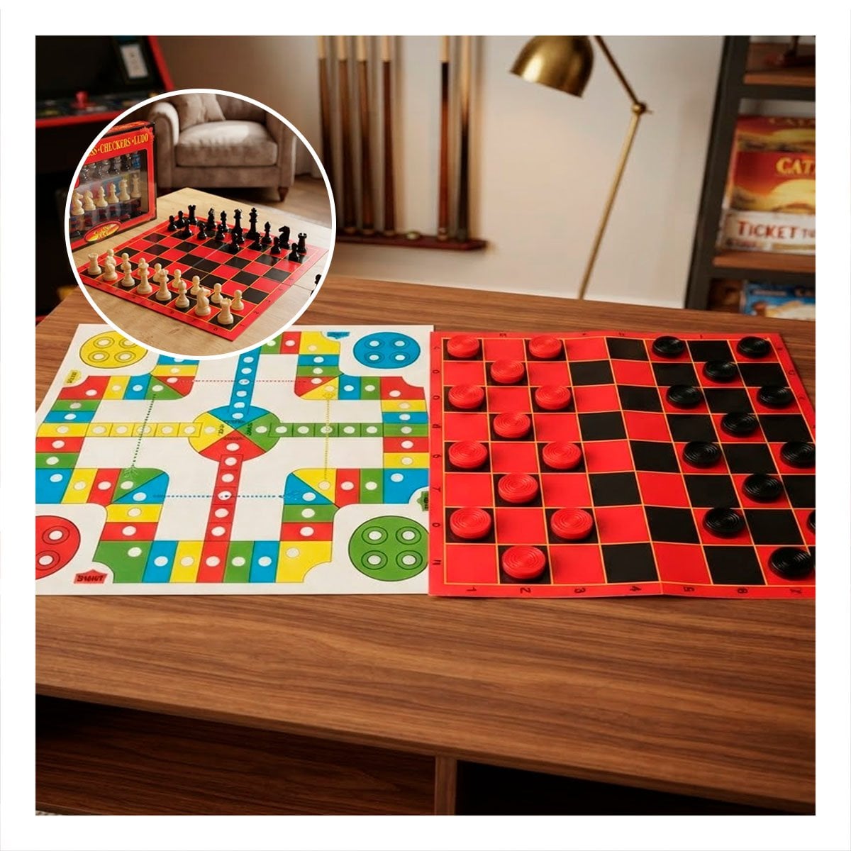 PACK6 TABLERO CLASICO DE MESA CON AJEDREZ LUDO Y DAMA YPAPEL REGALO - 3