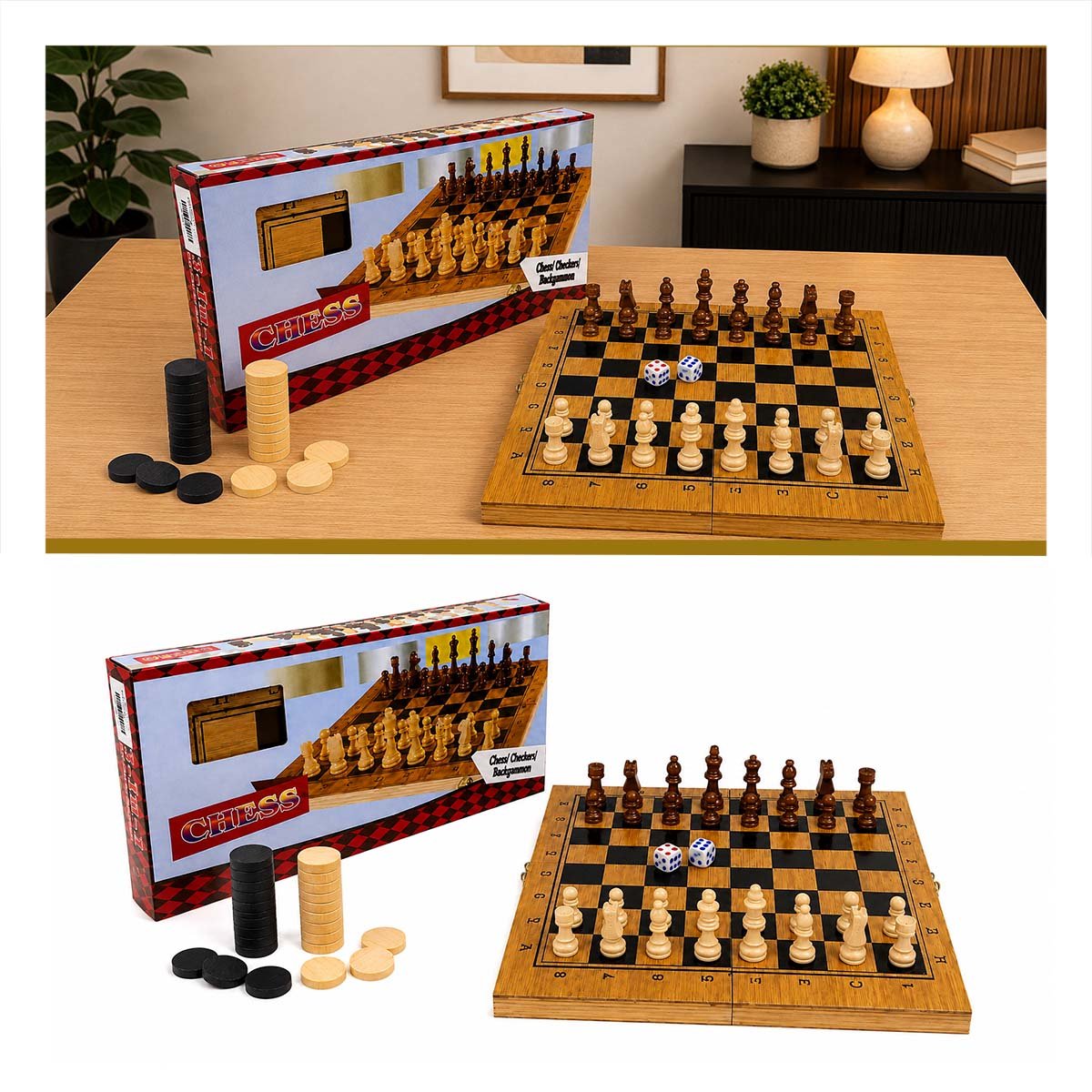 KIT DE ENTRETENIMIENTO CON AJEDREZ BACKGAMMON Y DAMA DE MESA Y LIGAS REGALO - 1