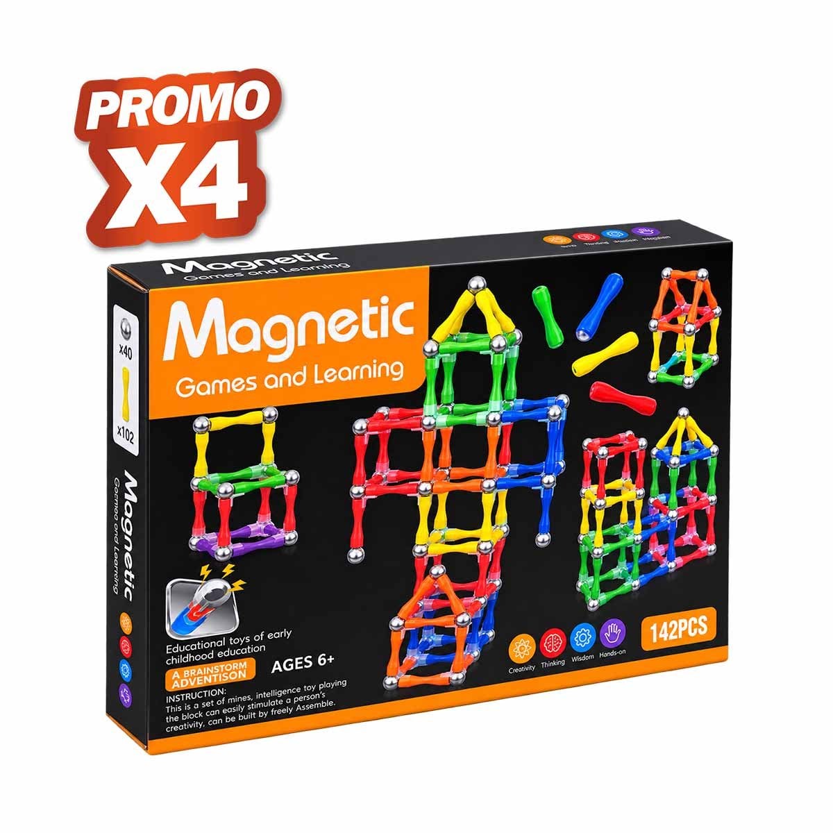 PACK4 BLOQUES DE APRENDIZAJE MAGNETICO MULTICOLOR 142 PZ PARA NIÑOS YPAPEL REGALO - 1