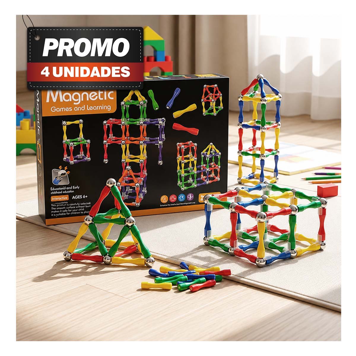 PACK4 JUEGO CREATIVO DE CONSTRUCCION MAGNETICA MULTICOLOR 142 PZ INFANTIL - 1