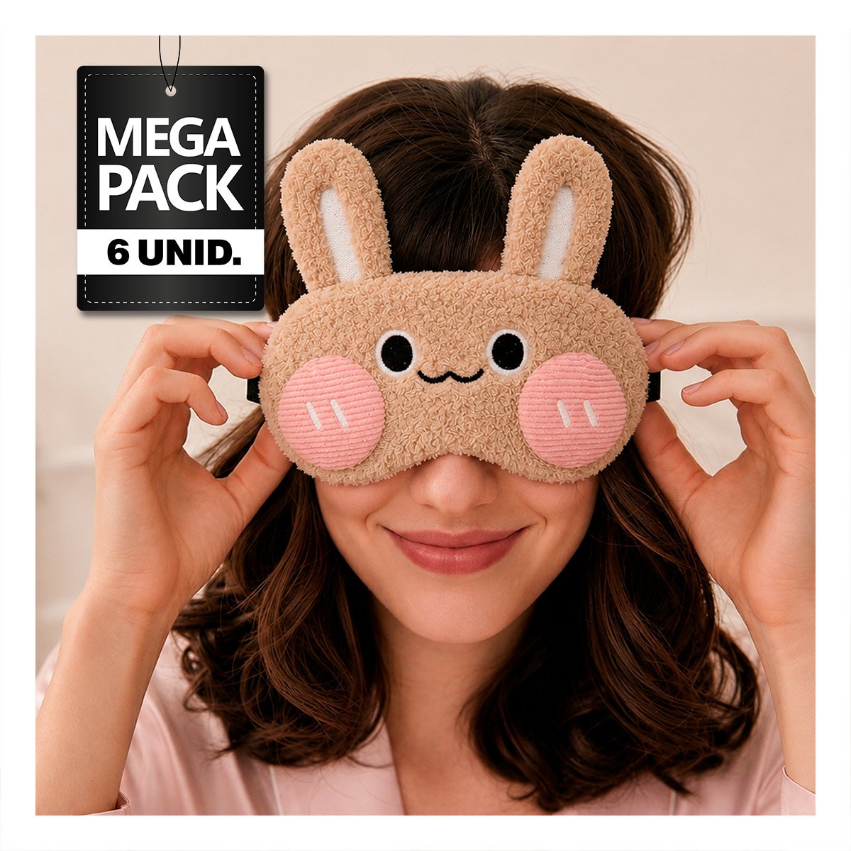 PACK6 MASCARA CONEJO PELUCHE MARRON CLARO PARA DORMIR CON FELPA COMODA PARA HOGAR - 1