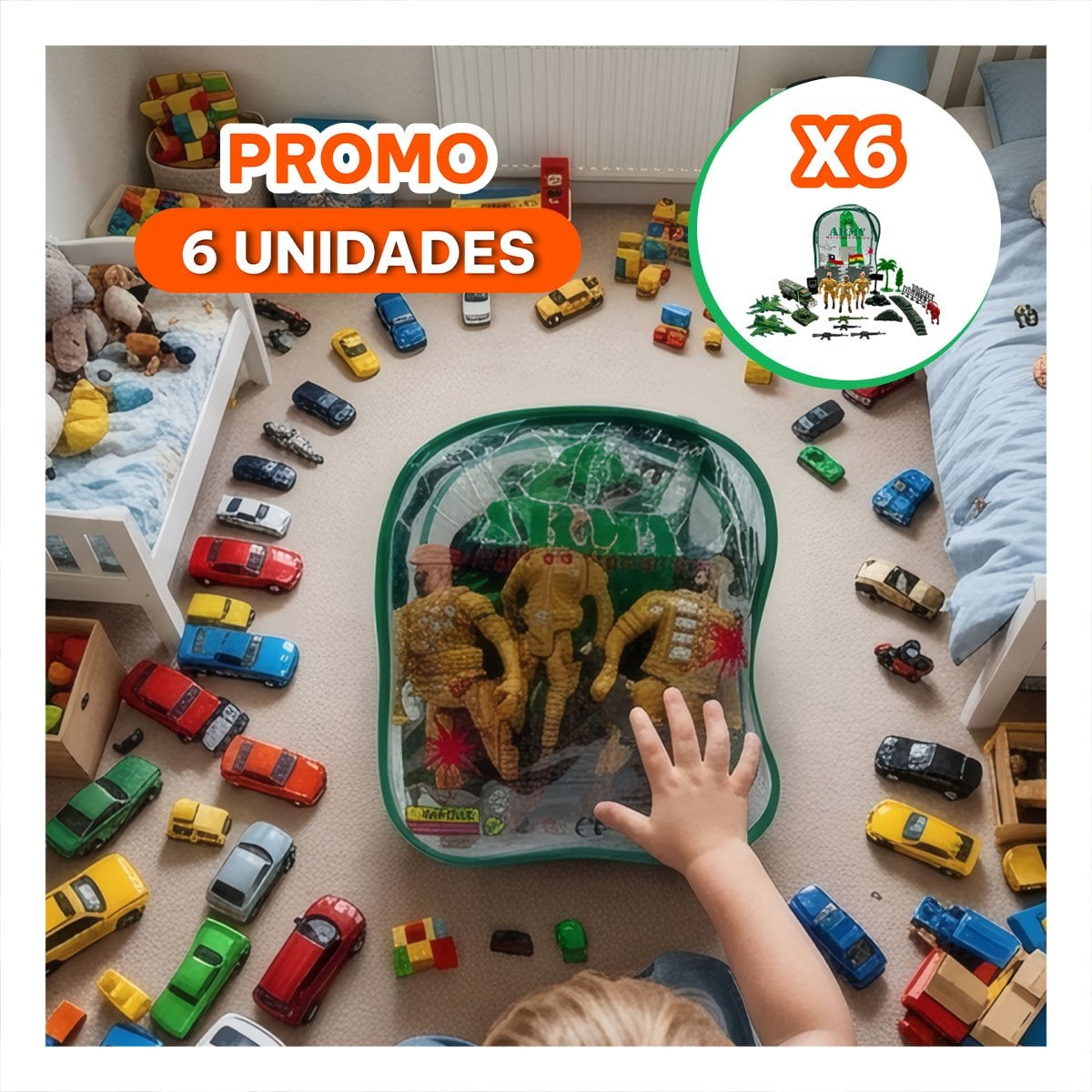 PACK6 FIGURAS EQUIPADO CON SOLDADOS Y ACCESORIOS INFANTILES EN MOCHILA VERDE YREGALO STICKER - 1