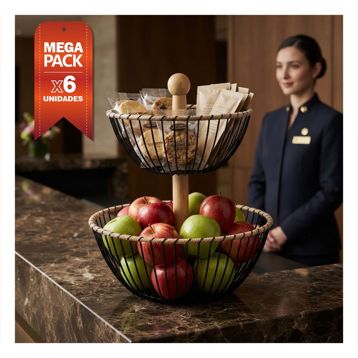 PACK6 CANASTO PRACTICO DE COCINA CON 2 NIVELES CIRCULAR PARA FRUTAS YPAPEL REGALO - 1