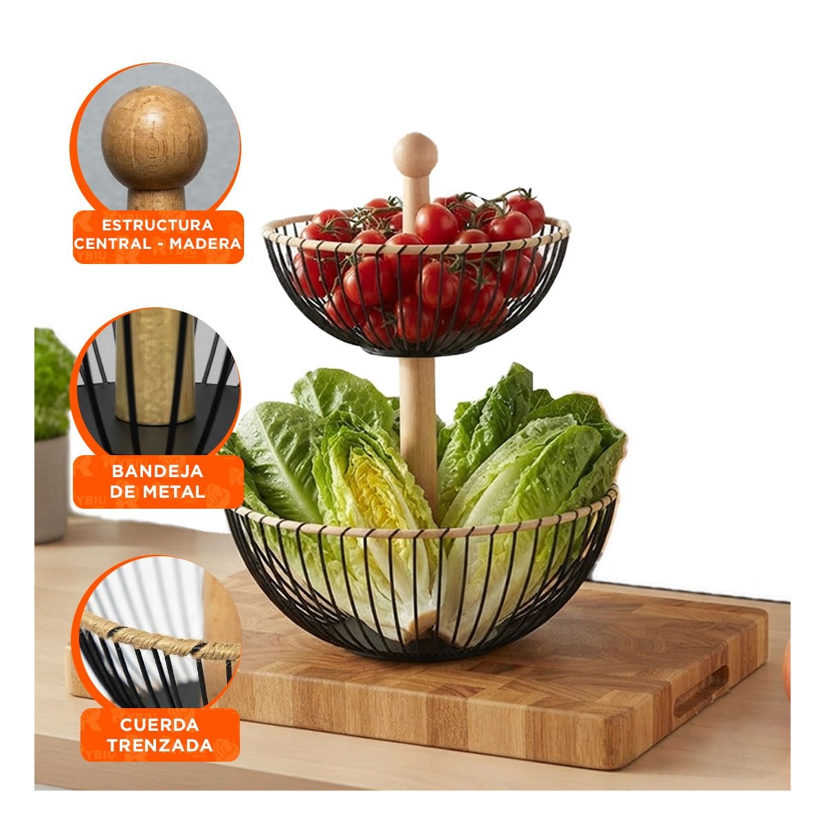 PACK6 CANASTO PRACTICO DE COCINA CON 2 NIVELES CIRCULAR PARA FRUTAS YPAPEL REGALO - 2