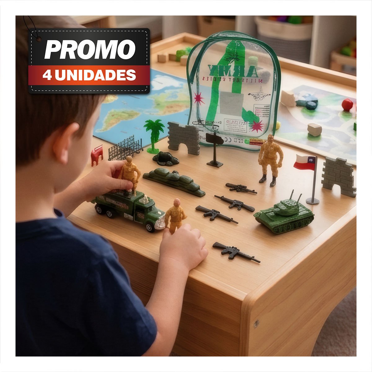 PACK4 SOLDADITOS MILITARES CON MOCHILA VERDE Y ACCESORIOS PARA AVENTURAS - 1